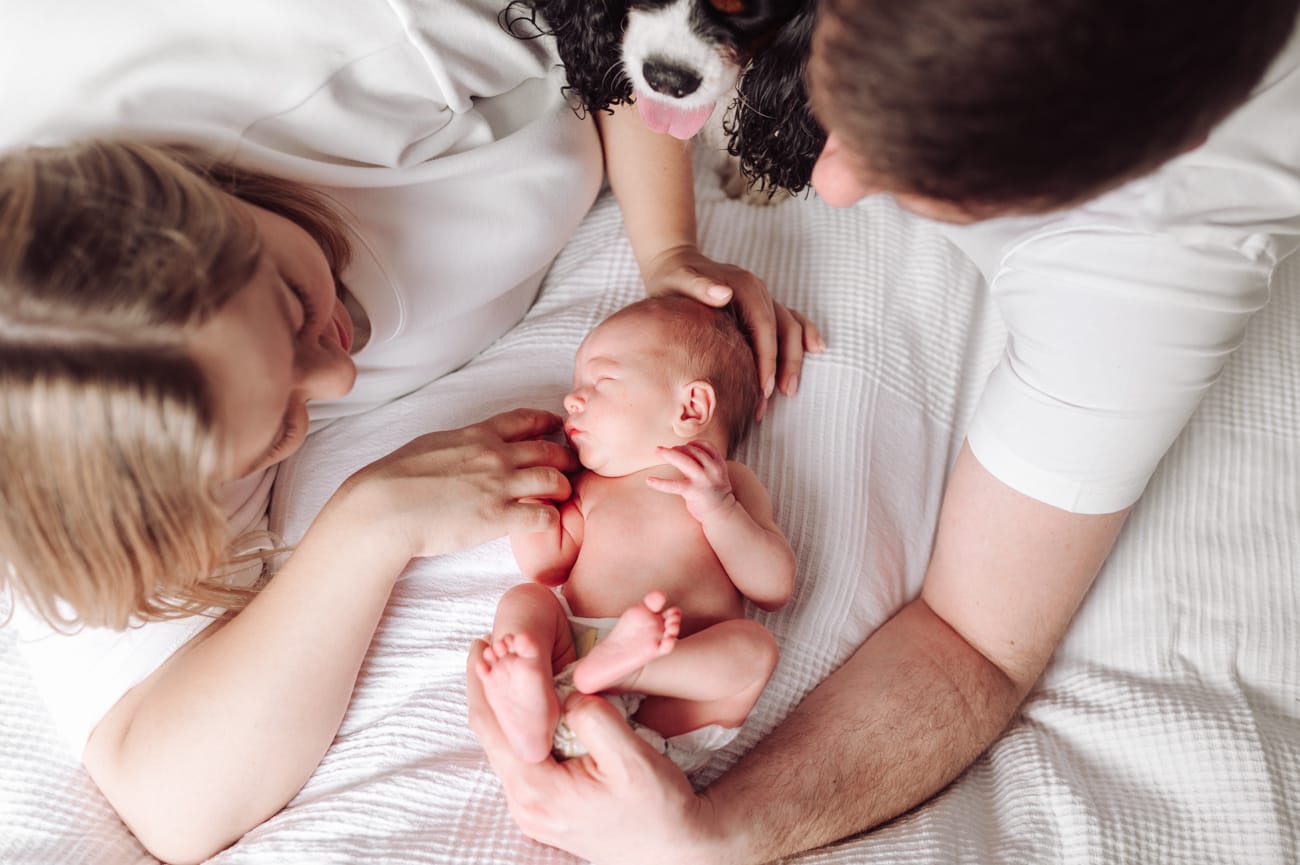 Rodzice przytulają noworodka sesja w domu Gdynia
