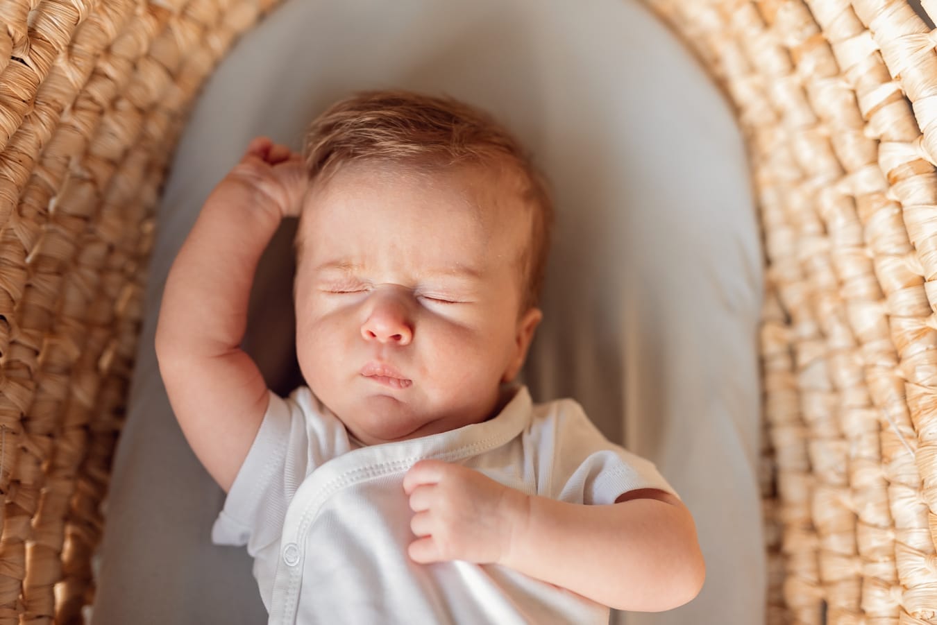 Niemowlę ziewa w koszu mojżesza sesja Gdańsk