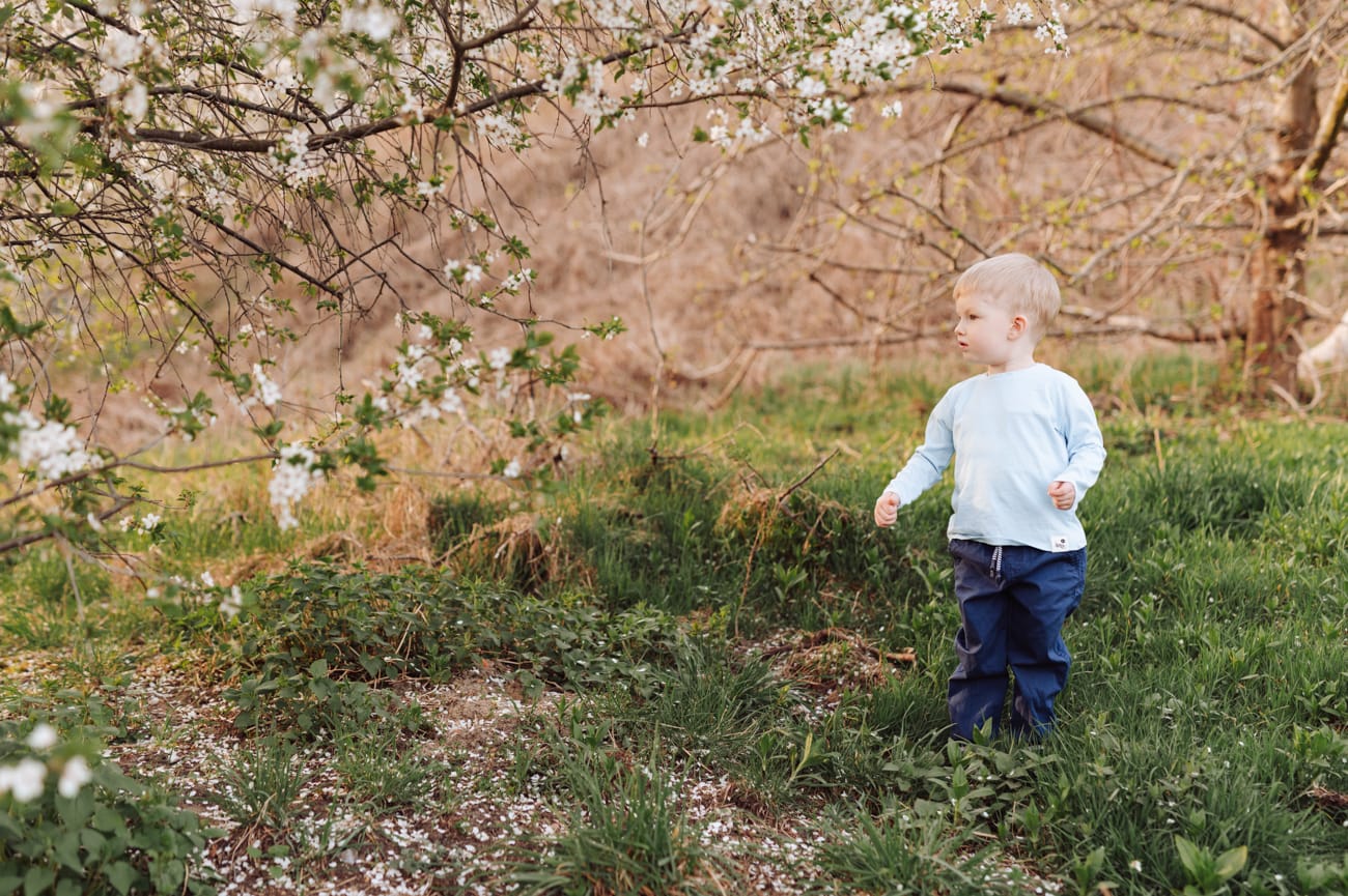 Chłopiec patrzy na rodziców wiosenna sesja rodzinna