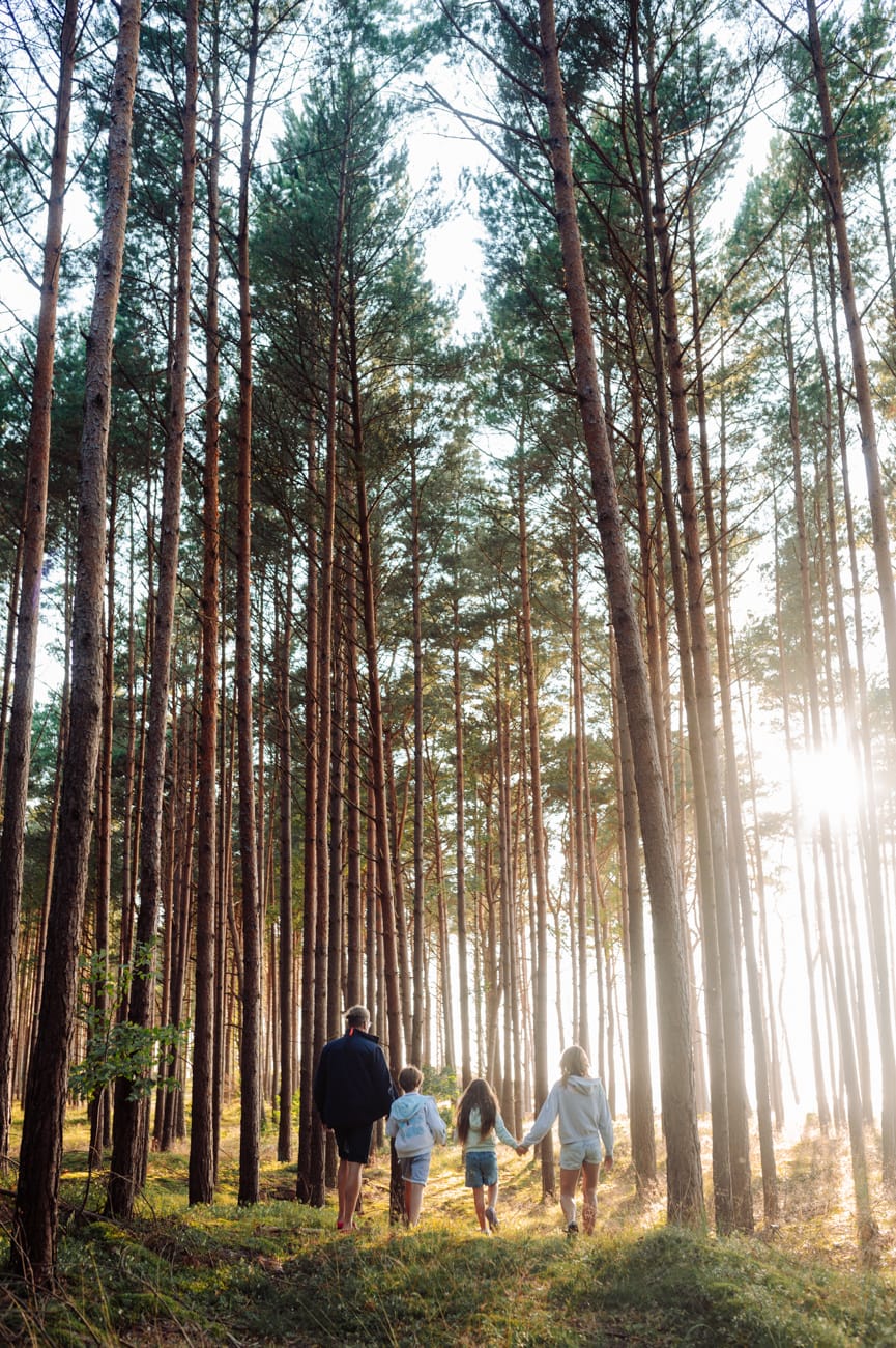 Rodzica idąca przez las zachód słońca sesja rodzinna