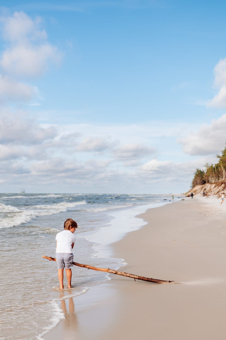 Chłopiec ciągnie pień drzewa po plaży sesja rodzinna