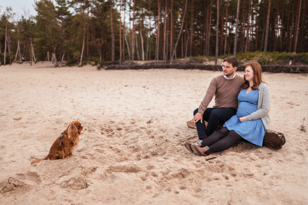 Jesienna sesja ciążowa na plaży z psem rasy Cavalier King Charles, Trójmiasto Gdańsk Gdynia Sopot.